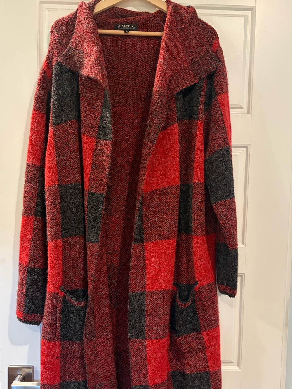 Joseph Red and Black Plaid Hooded Long Coat